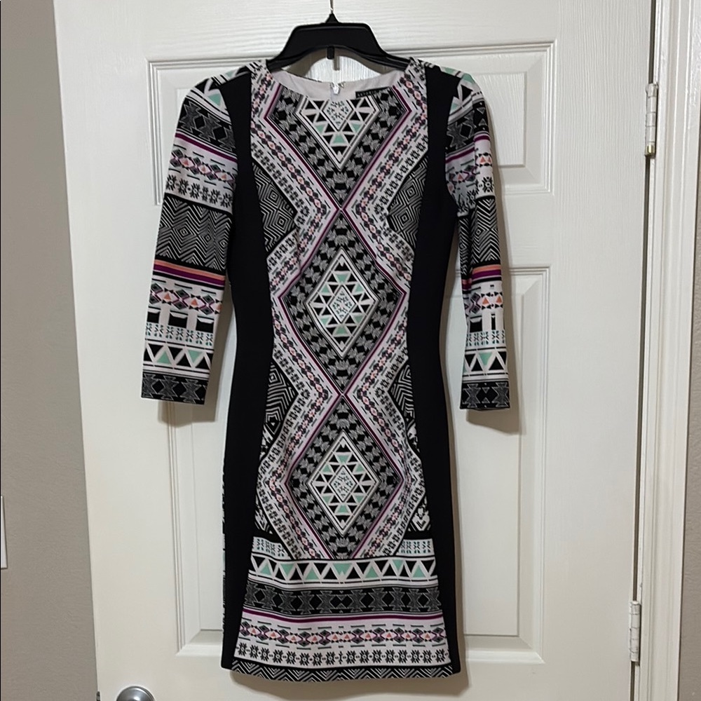 ANTONIO MELANI Black Patterned Bodycon Dress 3/4 Sleeve